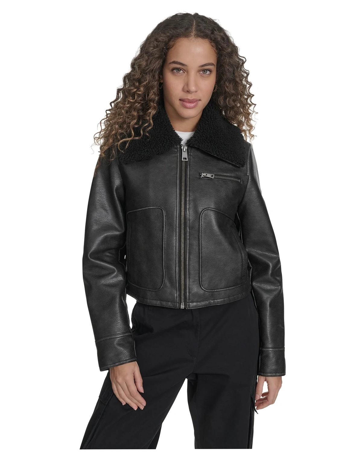 Women's Regular Faux Leather Aviator Jacket