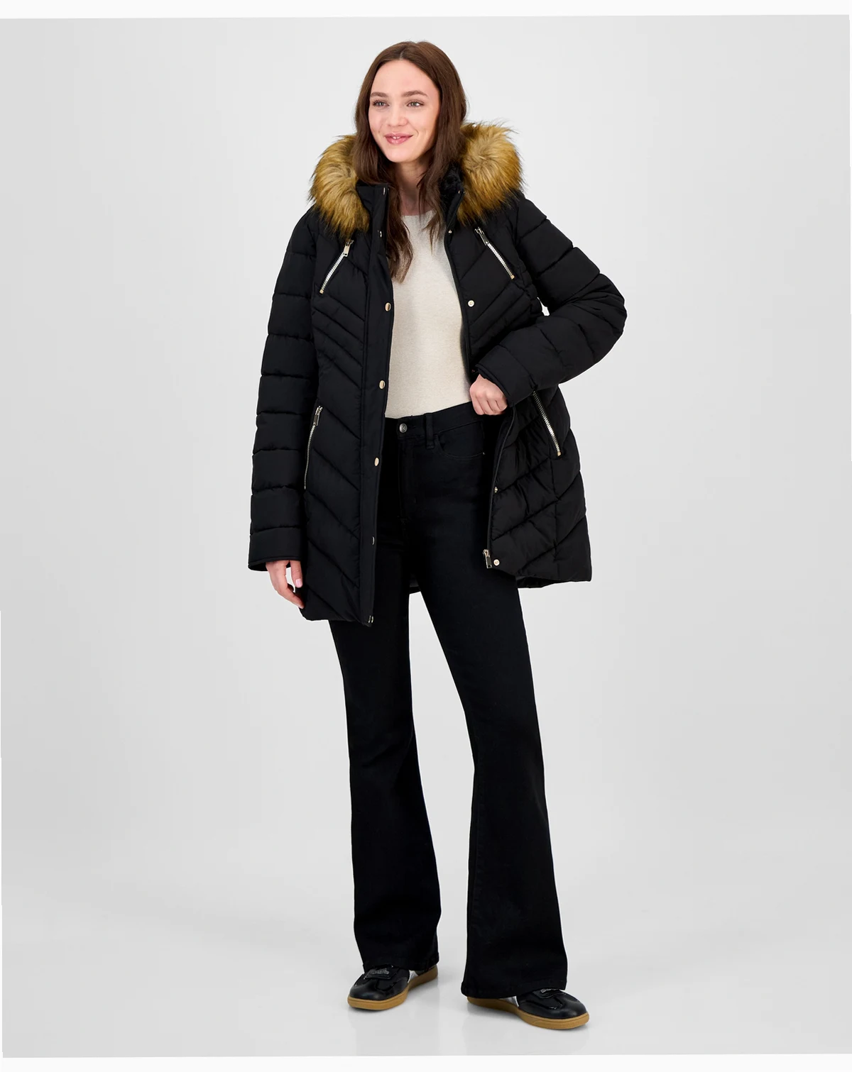 Juniors' Faux-Fur Hooded Puffer Coat