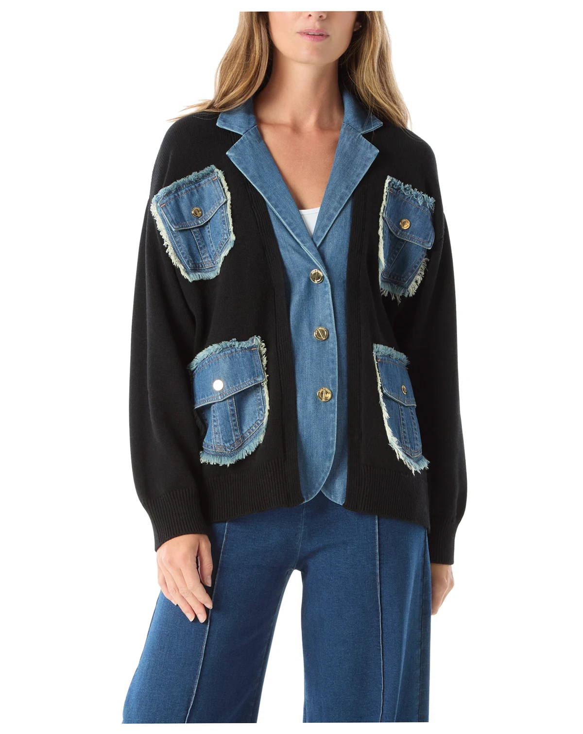 DO by Clio Women's Sweater Denim Long Sleeve Mix Jacket
