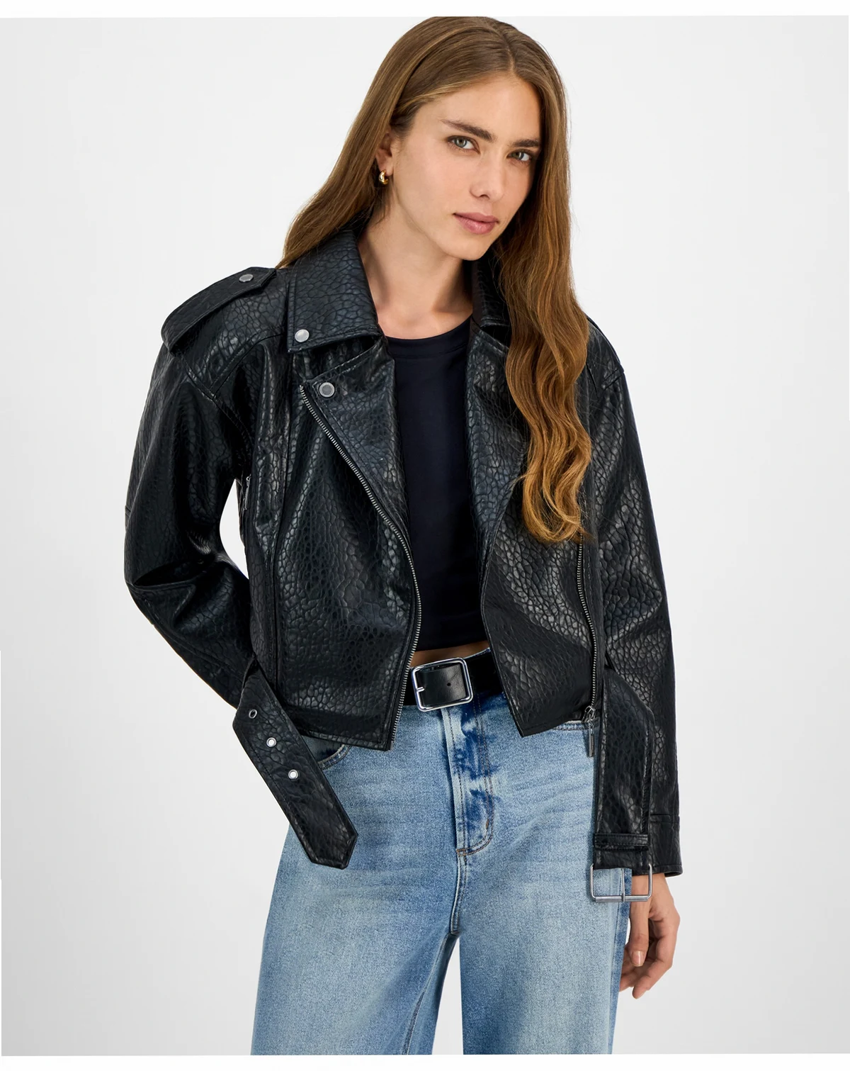Juniors' Faux-Leather Belted Jacket