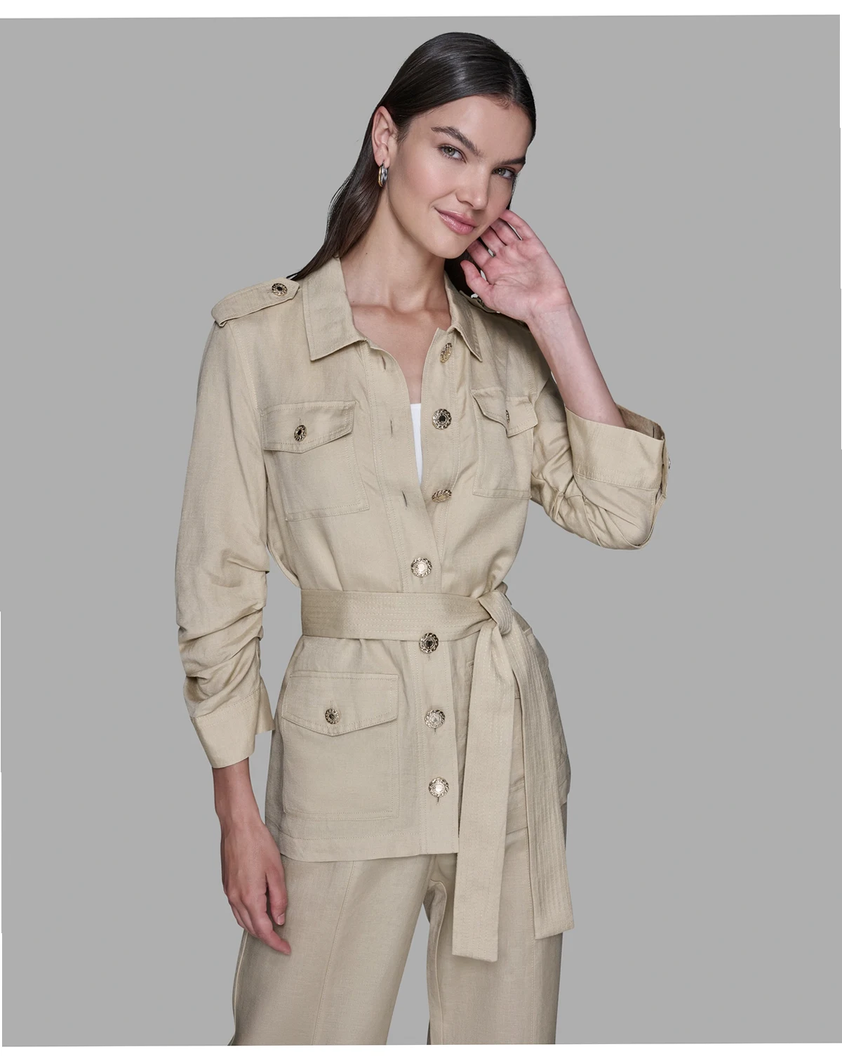 Women's Collared Linen-Blend Belted Jacket