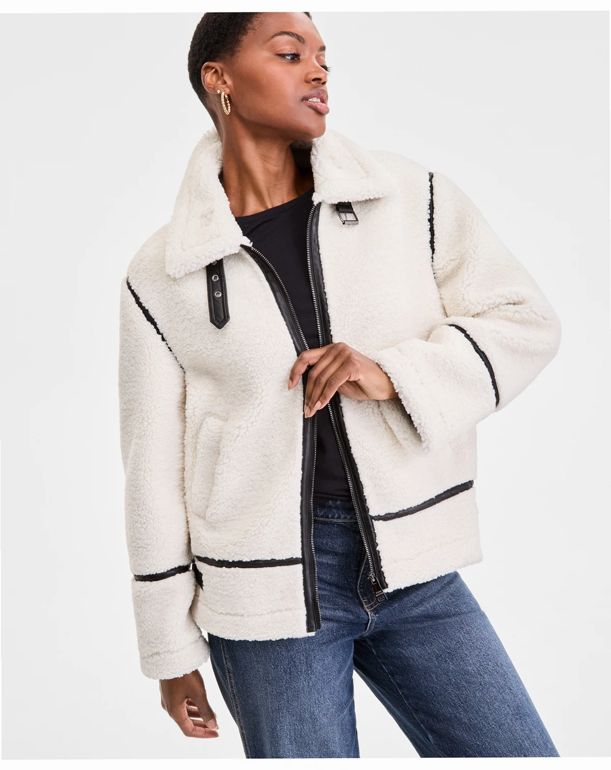 Women's Faux-Sherpa Faux-Leather-Trim Coat