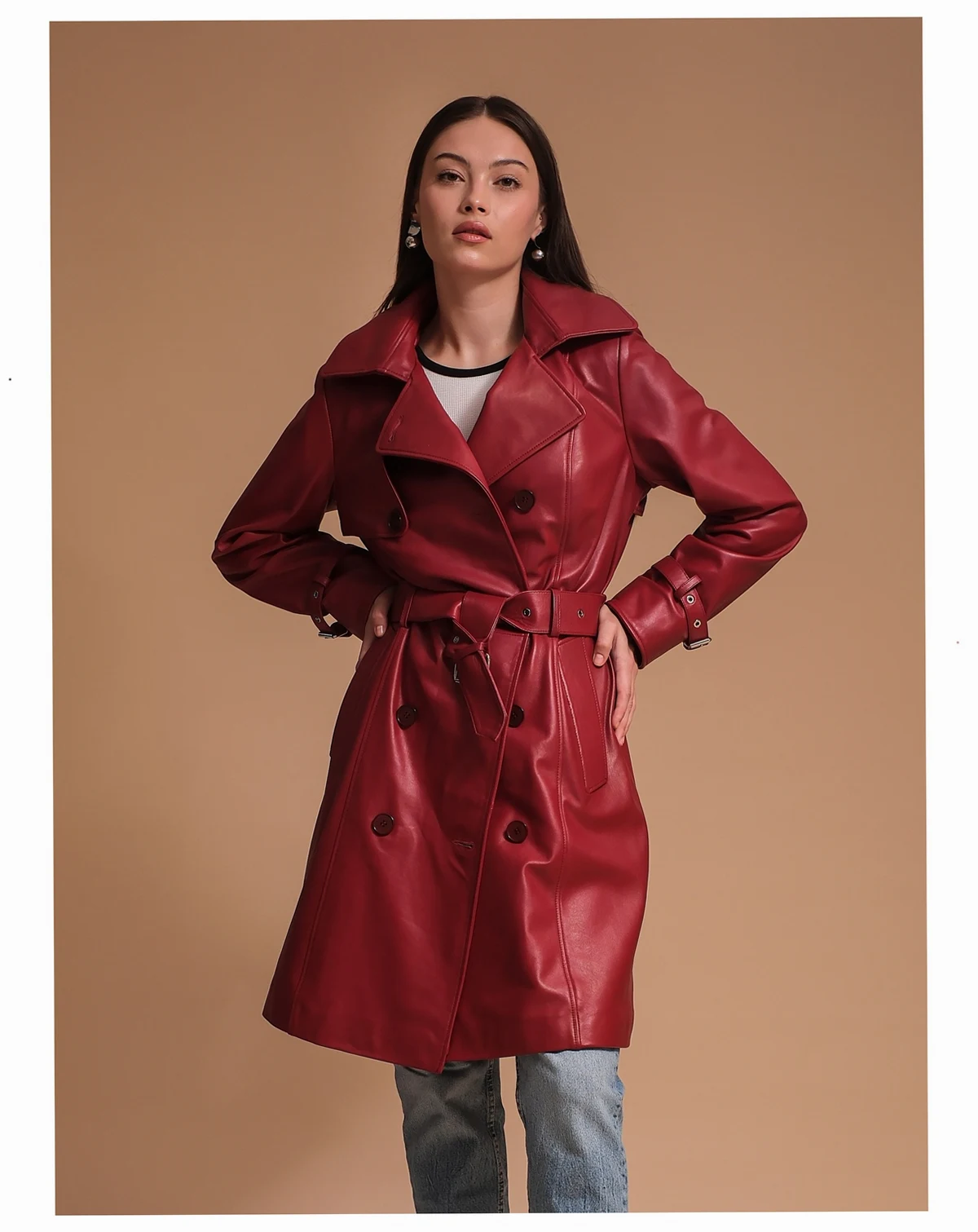 Women's Leather Trench Coat, Burgundy, Created for Macy's