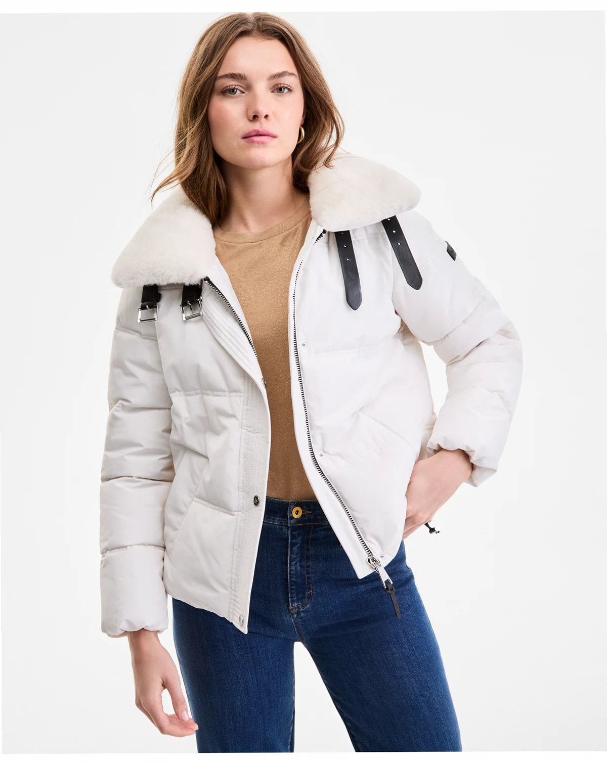 Women's Faux-Fur-Collar Zip-Front Puffer Coat