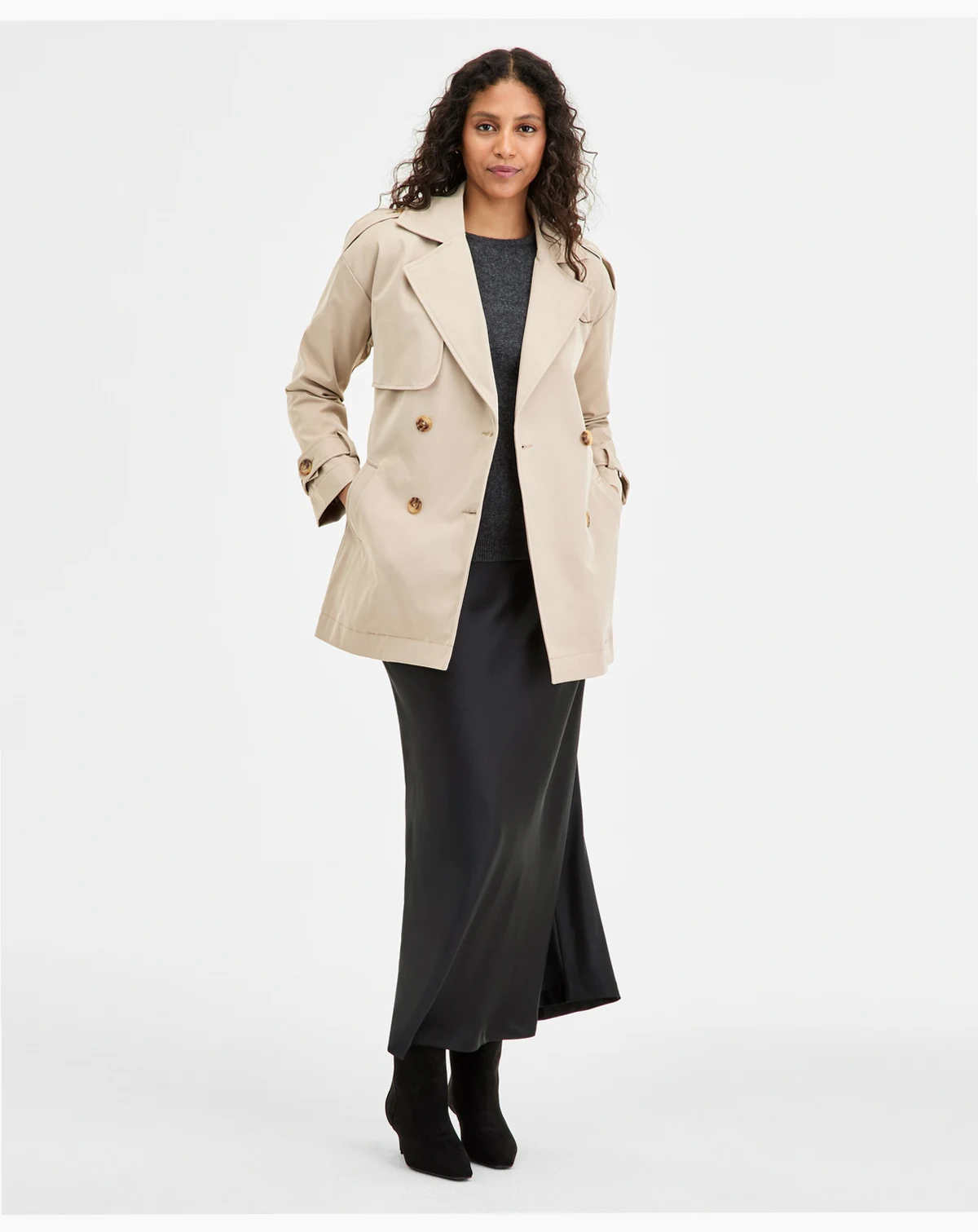 Juniors' Double-Breasted Belted Trench Coat