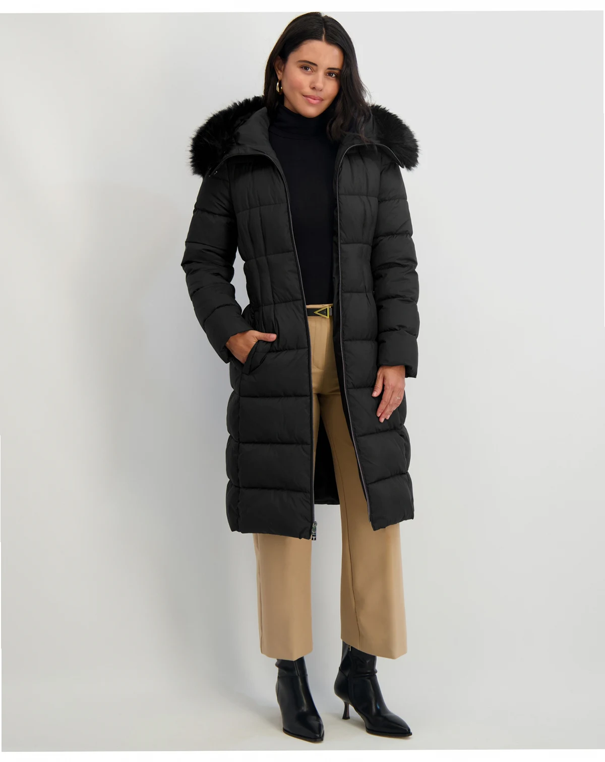 Women's Faux-Fur-Trim Hooded Belted Puffer Coat