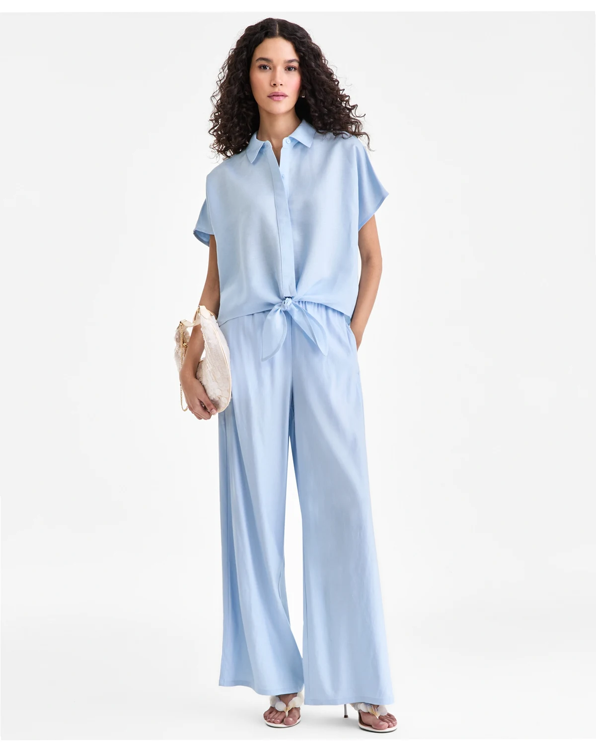 Women's Linen Tie Front Blouse & Pull On Pants