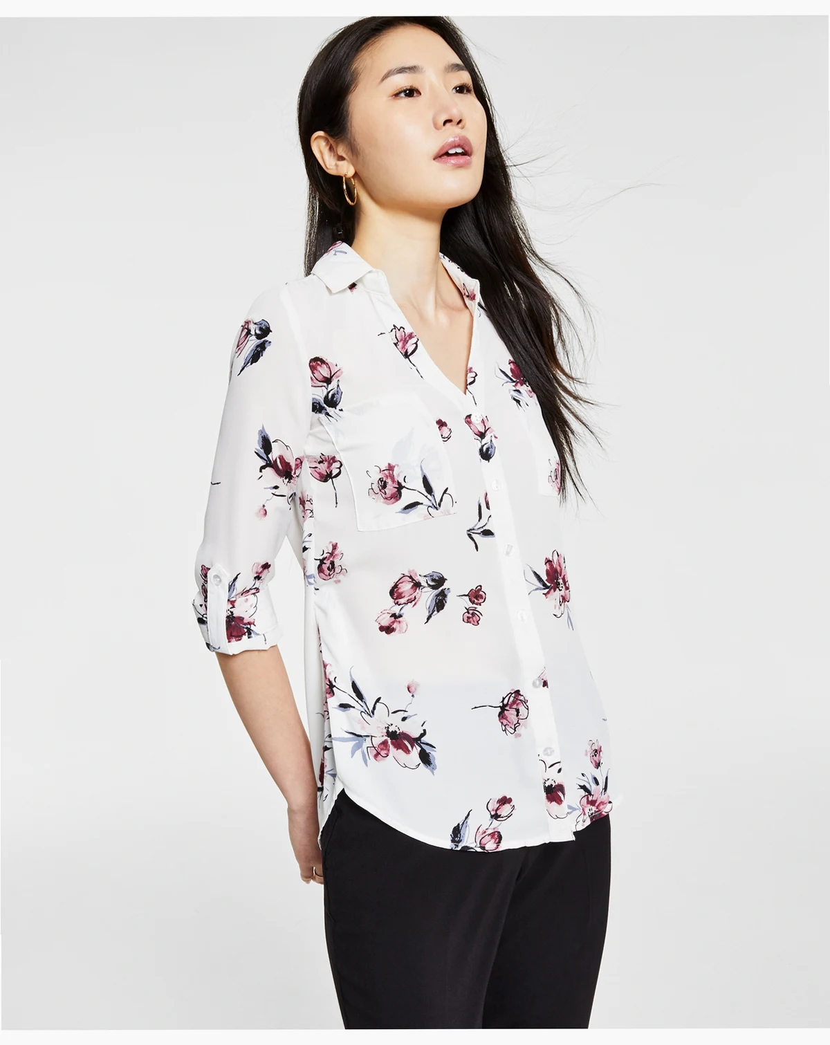 Juniors' Floral-Print Collared Shirt