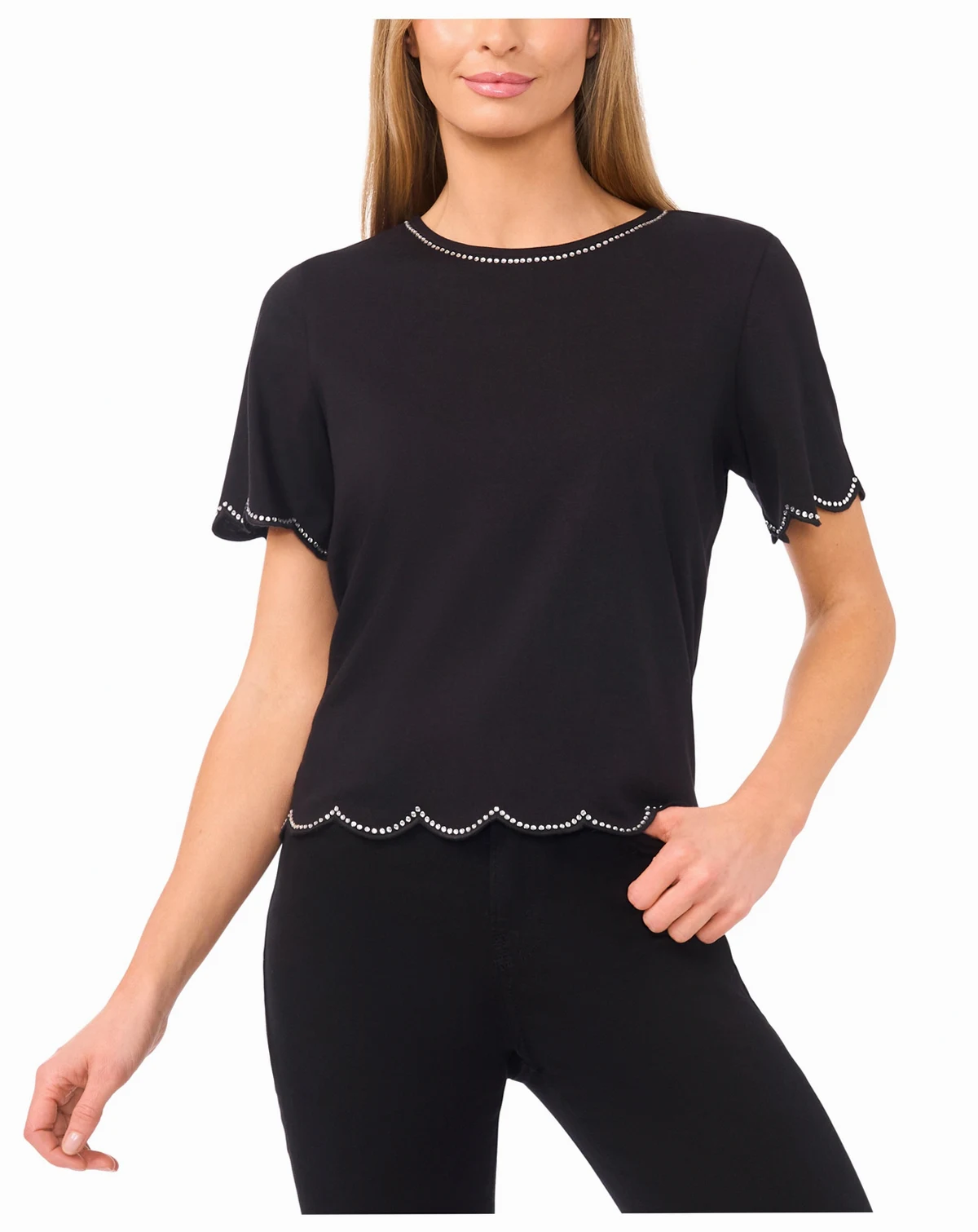 Women's Rhinestone Scalloped Knit Top