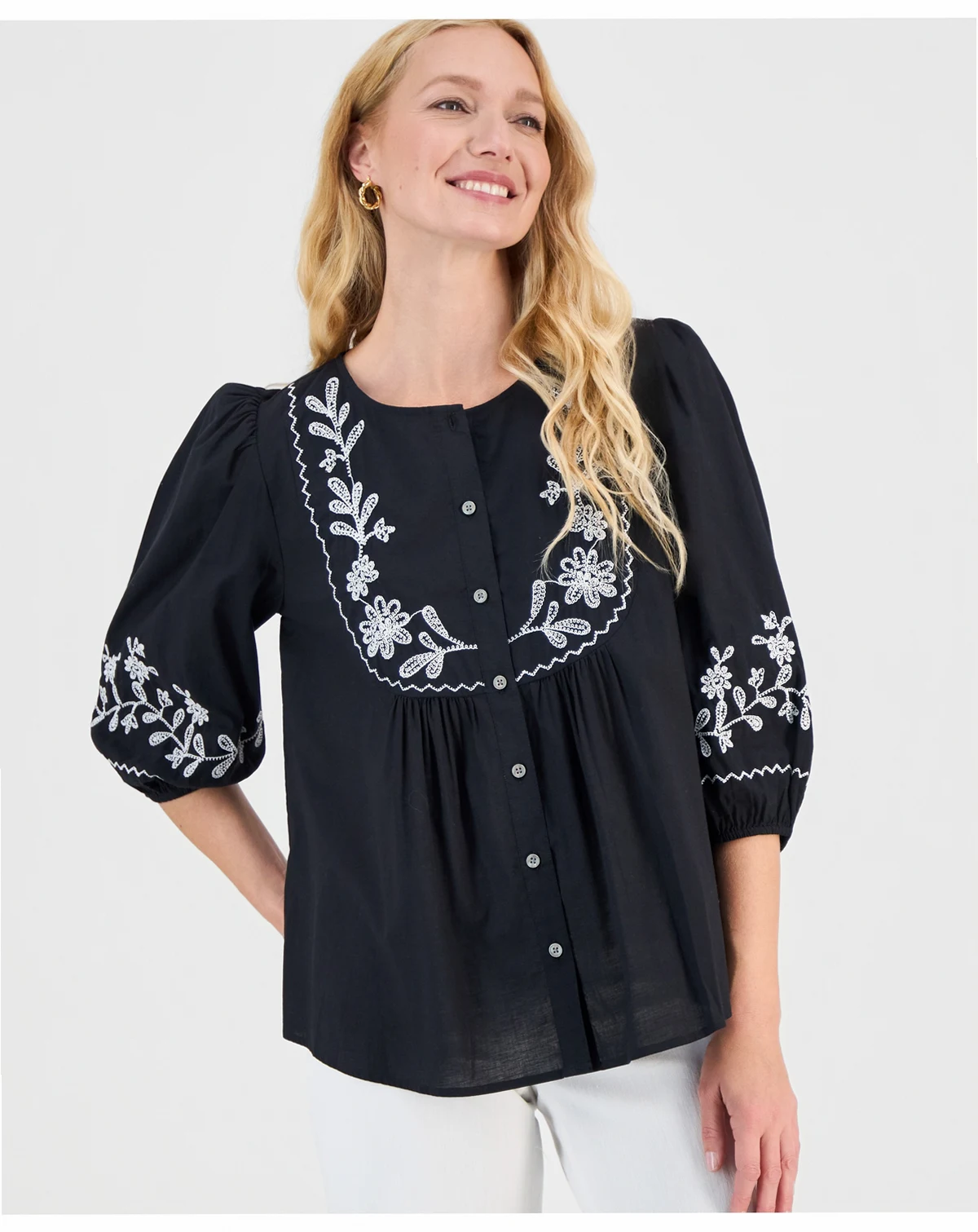Women's Cotton Embroidered Button Blouse, Macy's Exclusive