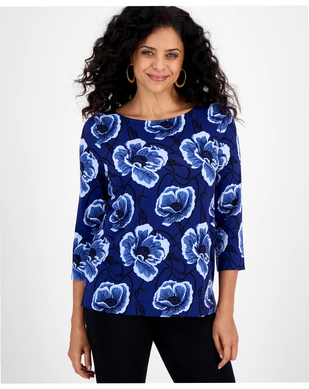 Women's Floral Print 3/4-Sleeve Boat-Neck Top, Macy's Exclusive