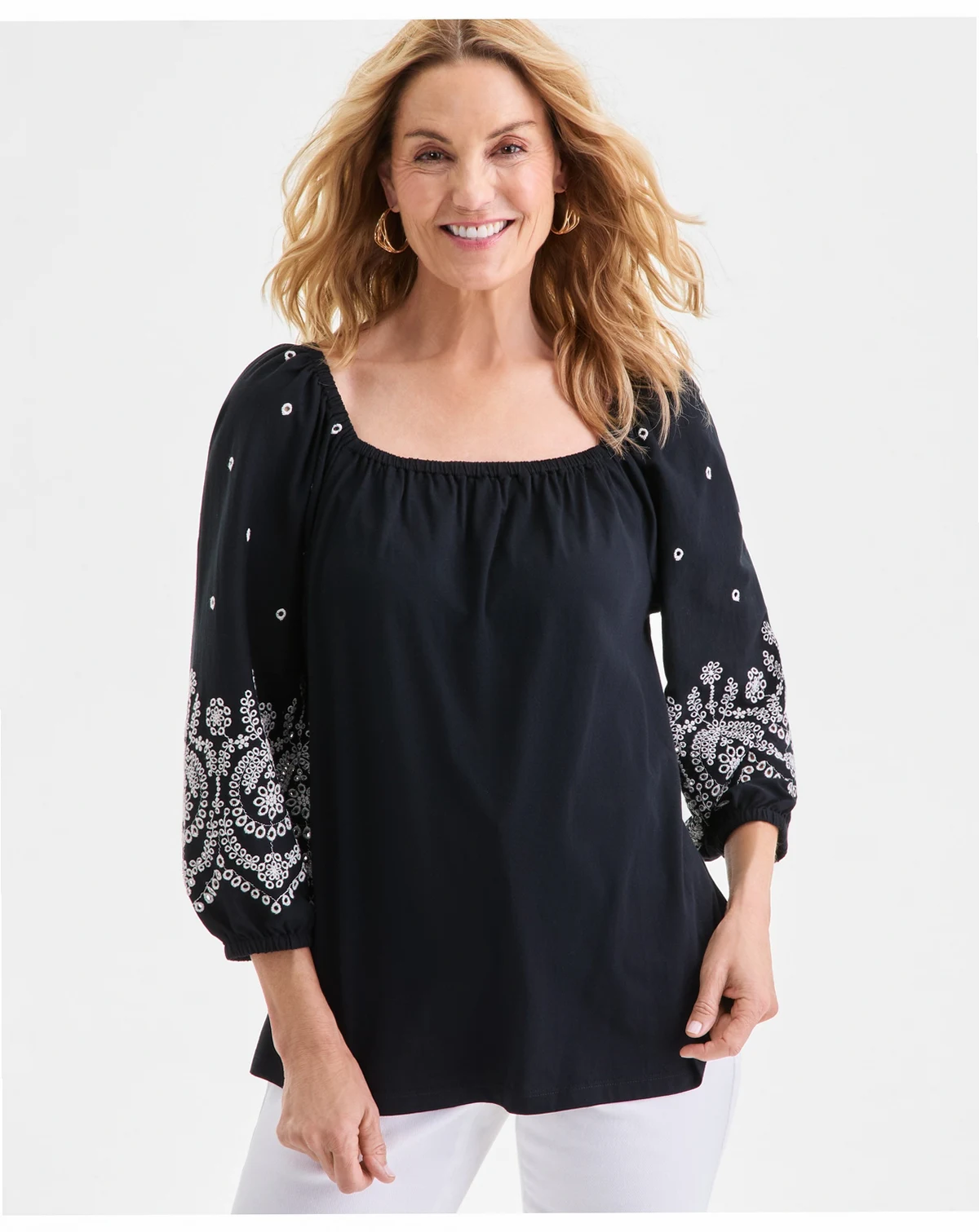Women's Square-Neck Embroidered Knit Top, Macy's Exclusive