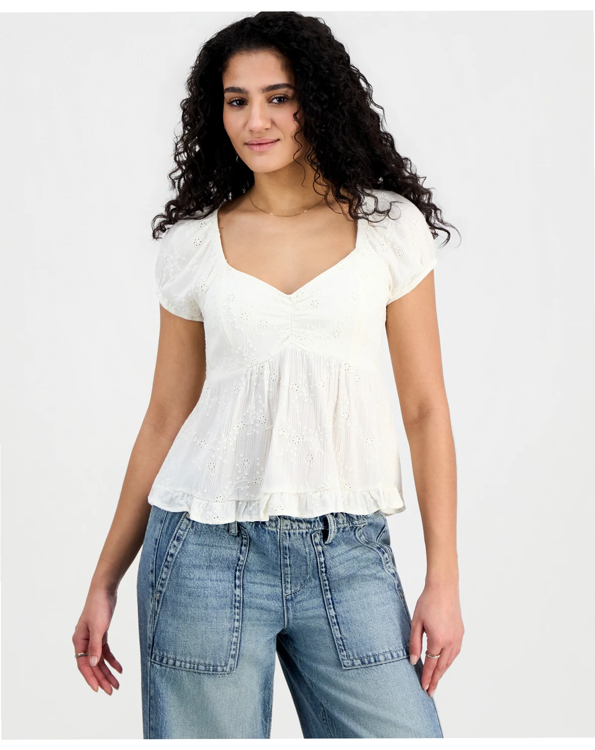 Juniors' Short-Sleeve Embroidered Sweetheart-Neck Babydoll Top