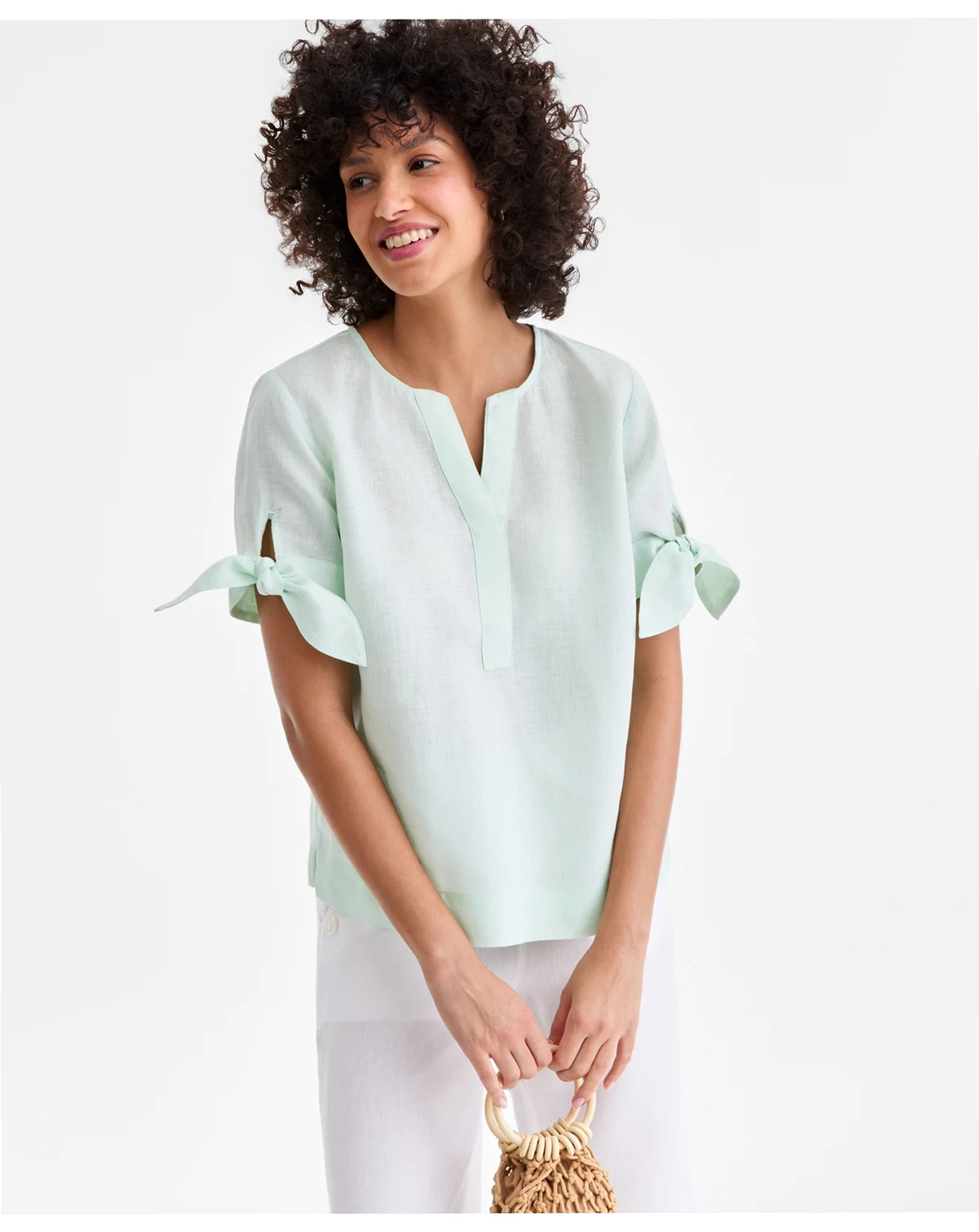Women's 100% Linen Split-Neck Tie-Cuff Top, Created for Macy's