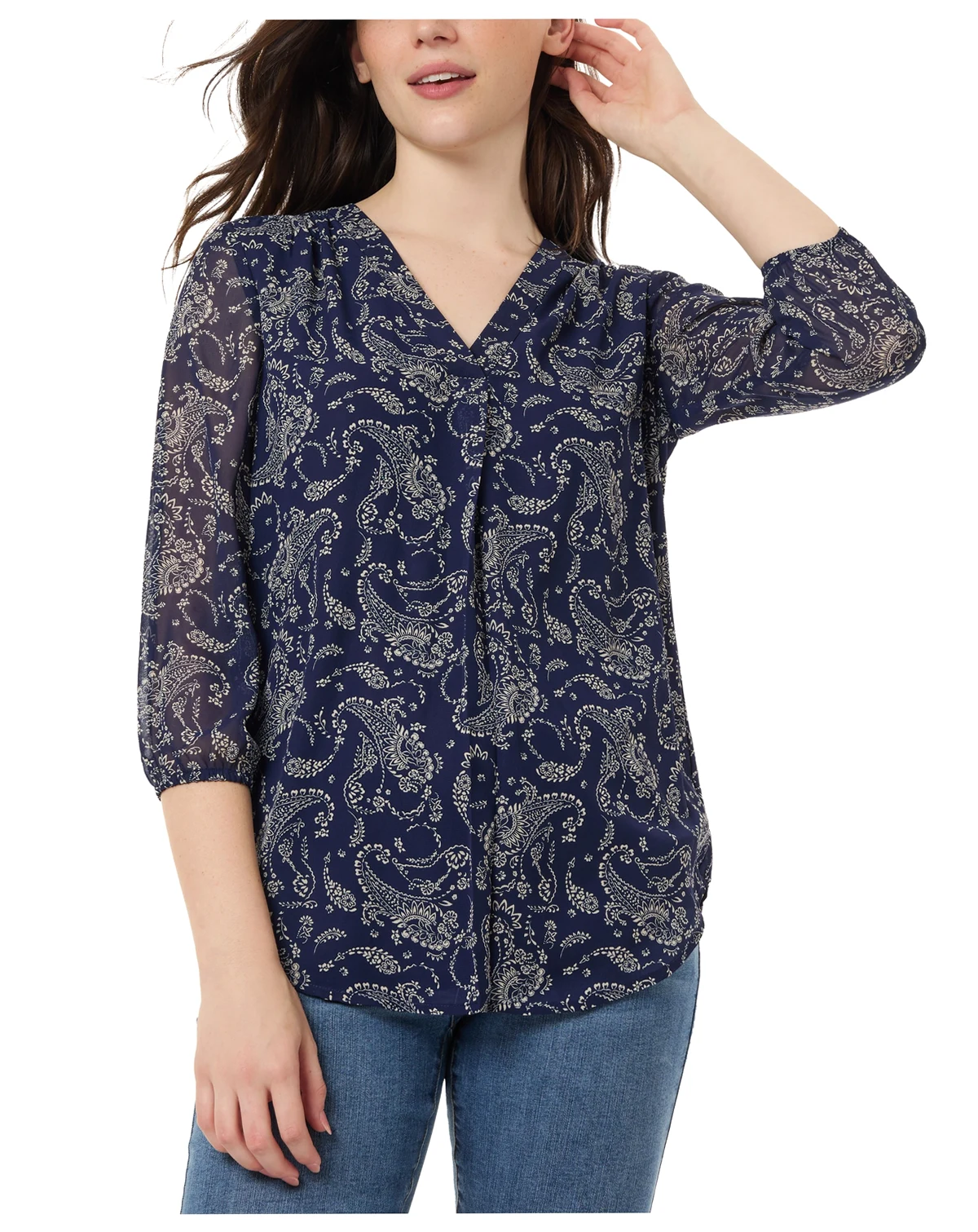 Women's Kelly Printed Sheer-Sleeve Pleated Blouse
