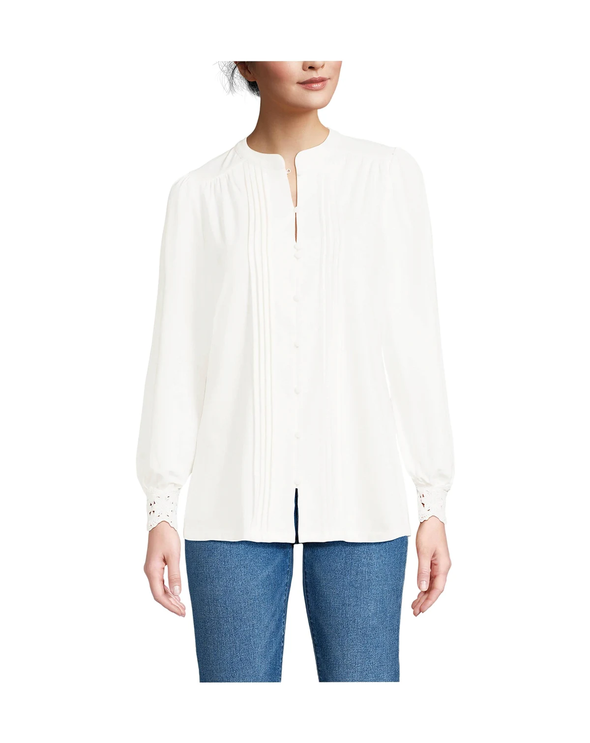 Women's Lightweight Jersey Long Sleeve Button Front Pintuck Top