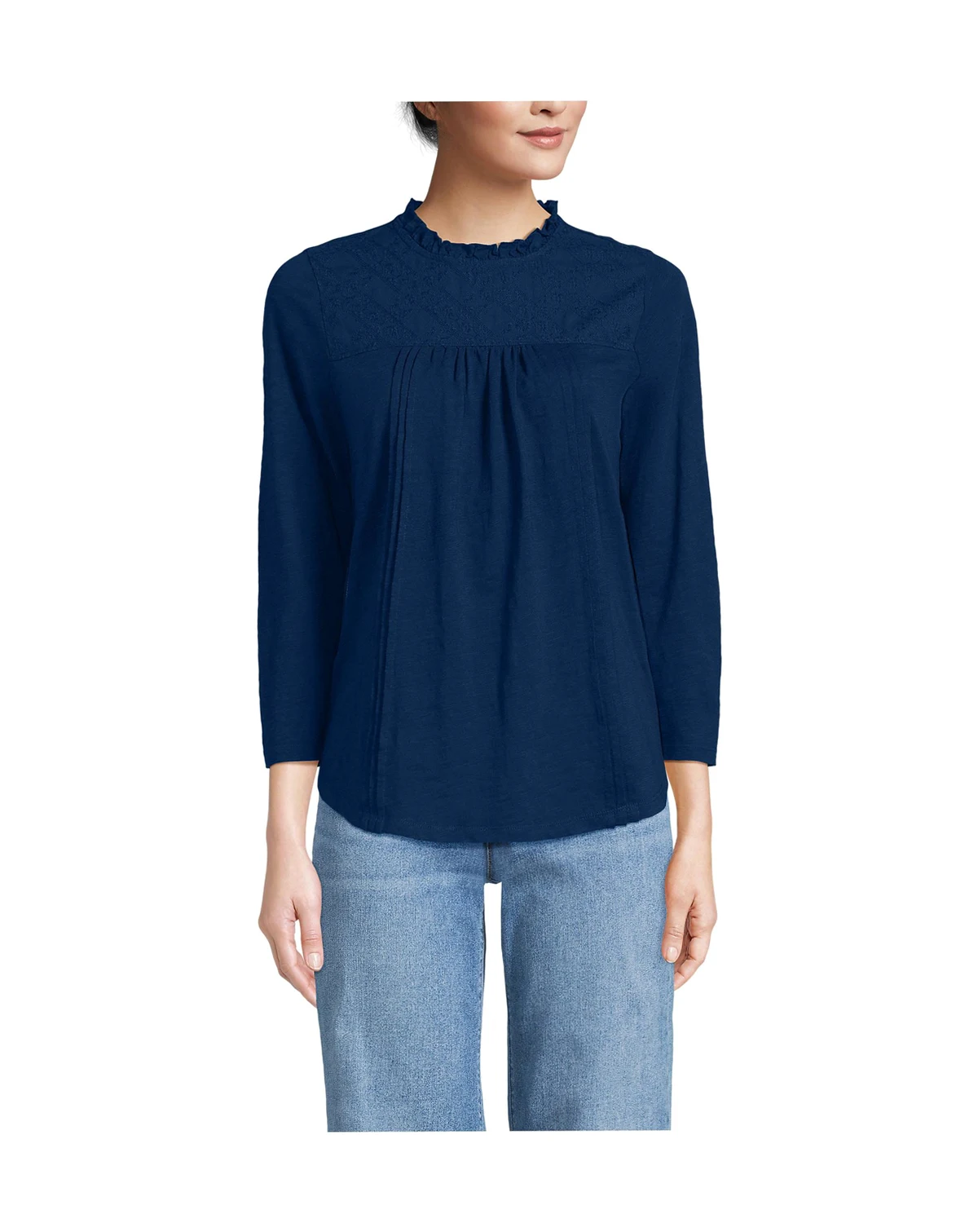 Women's 3/4 Sleeve Cotton Slub Lace Trim Top