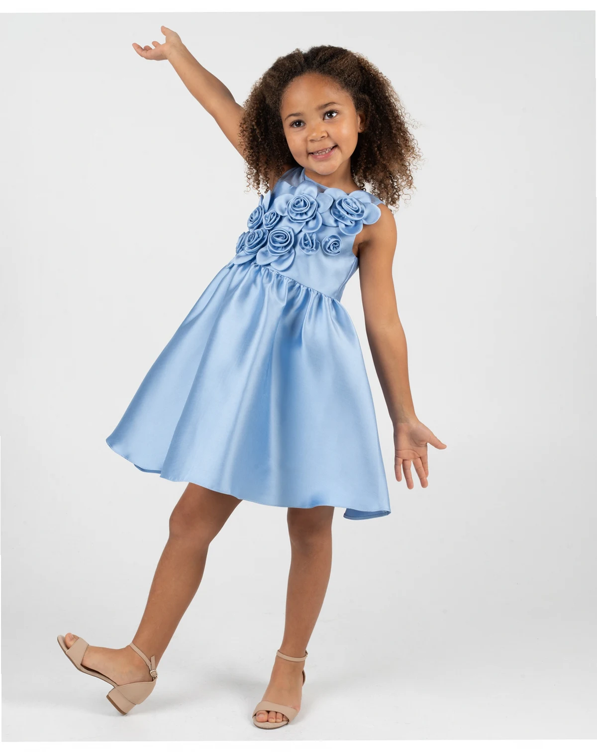 Girls' 2T-6X Illusion Neck 3D Rosettes On Bod Mikado Dress