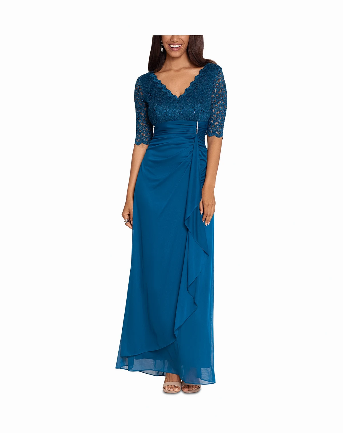 Betsy & Adam Petite V-Neck Lace-Bodice Gown