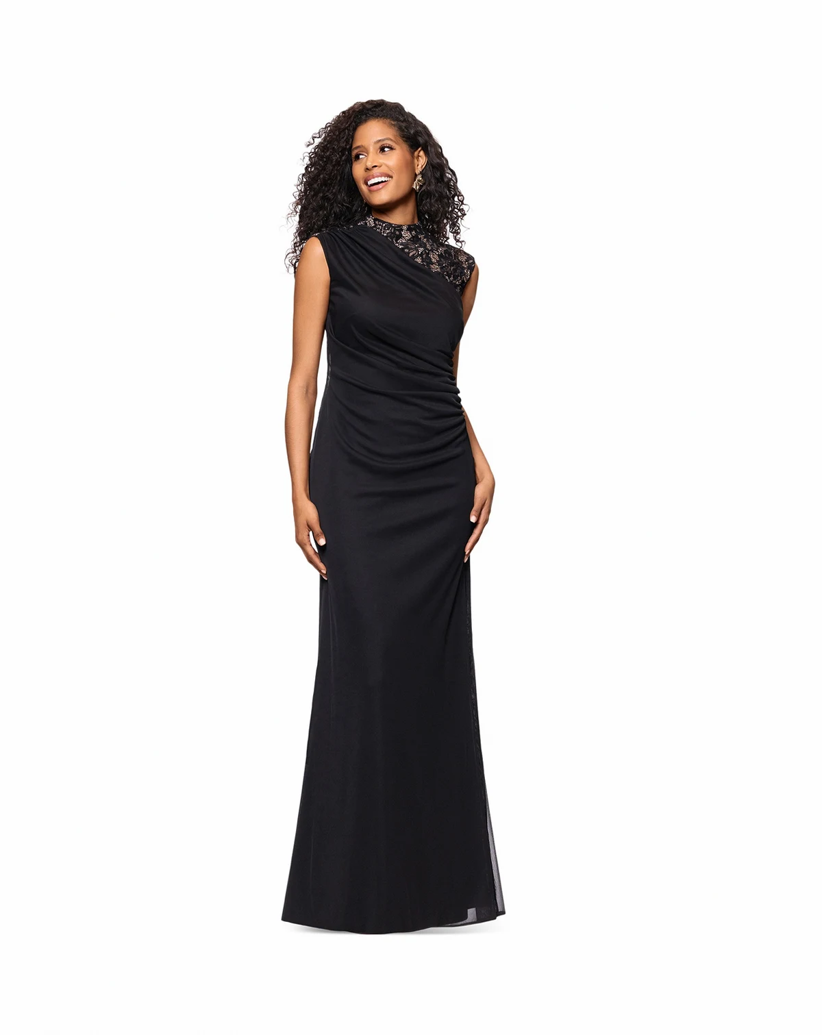 Petite Lace Trim Ruched Sleeveless Gown Dress