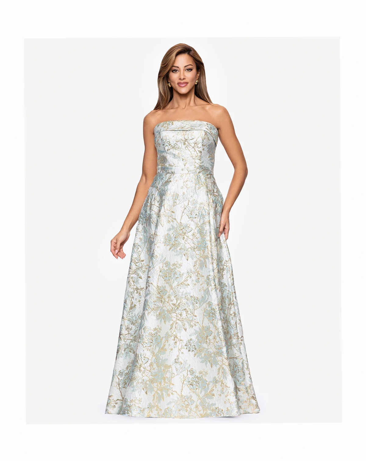 Women's Long Strapless Brocade Dress