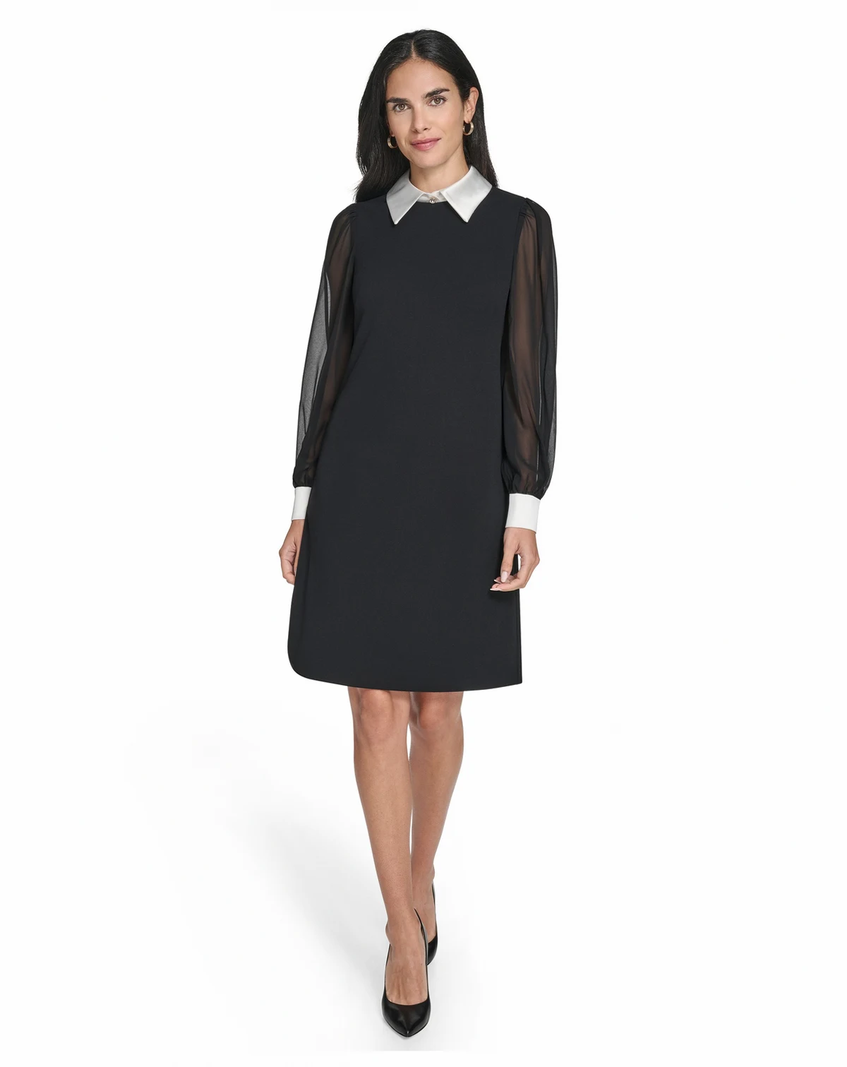 Petite Bishop Sleeve Shirt Collar Sheath Dress