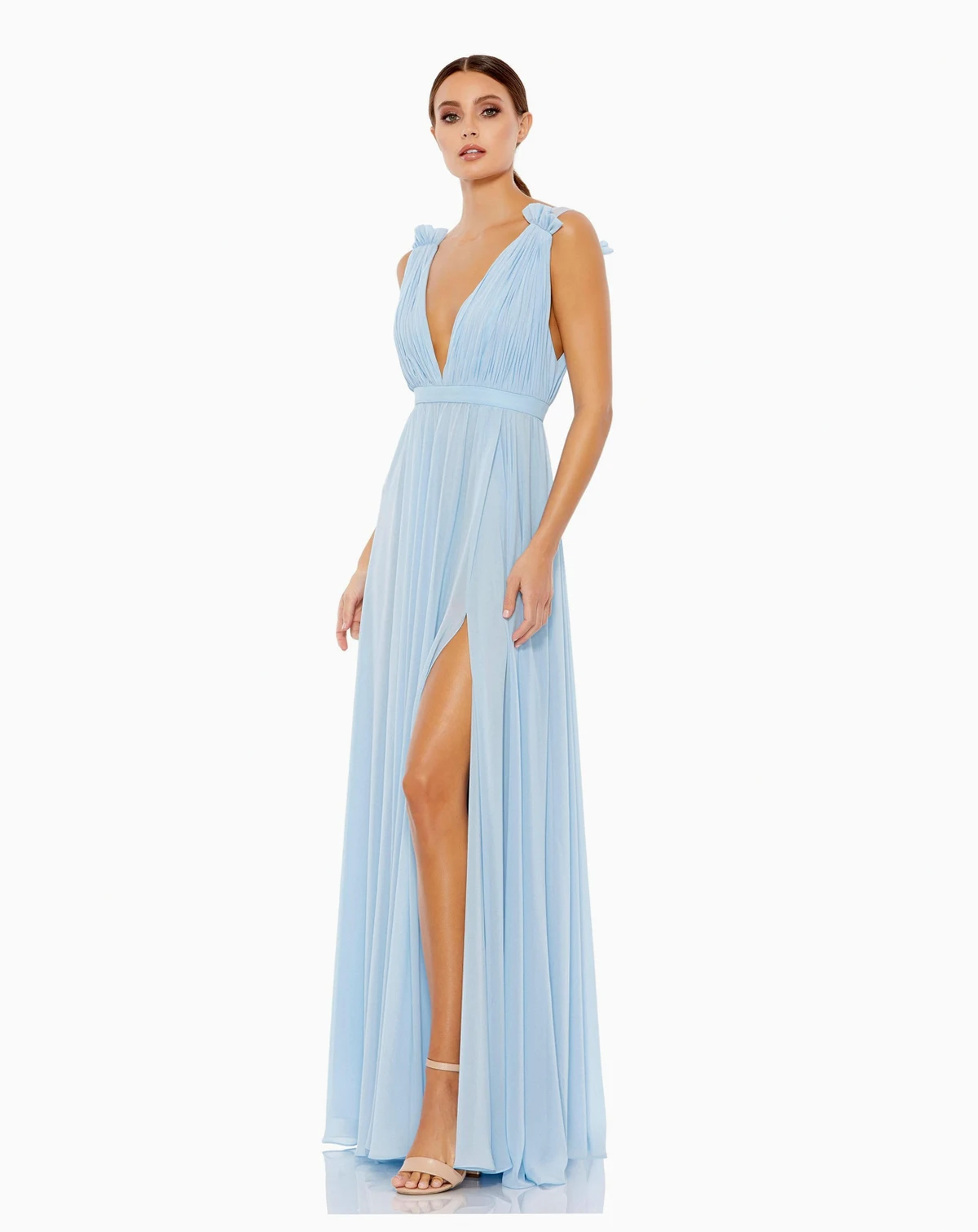 Petite Sleeveless Pleated Chiffon V-Neck Gown