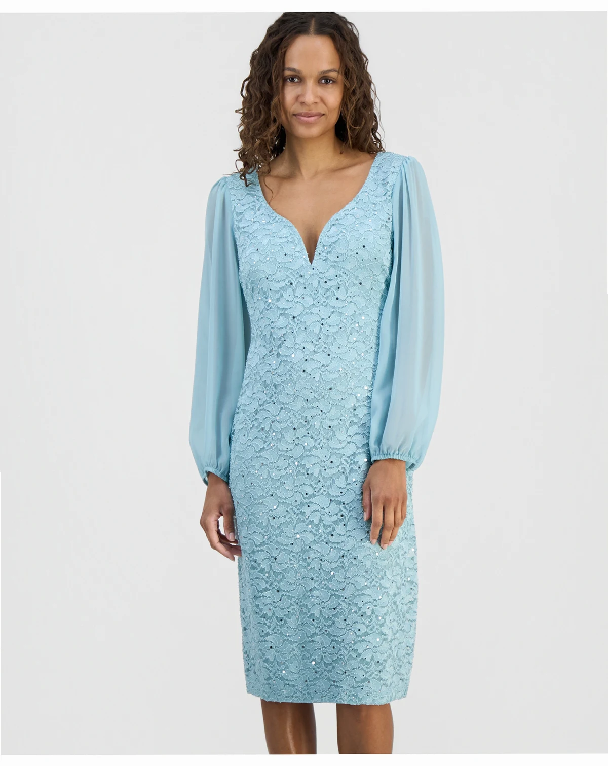 Petite Sequined Lace Blouson-Sleeve Dress