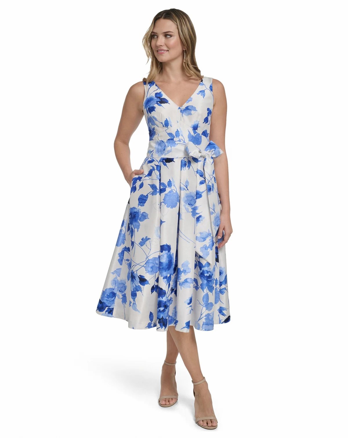 Petite Shantung Sleeveless V-Neck Dress