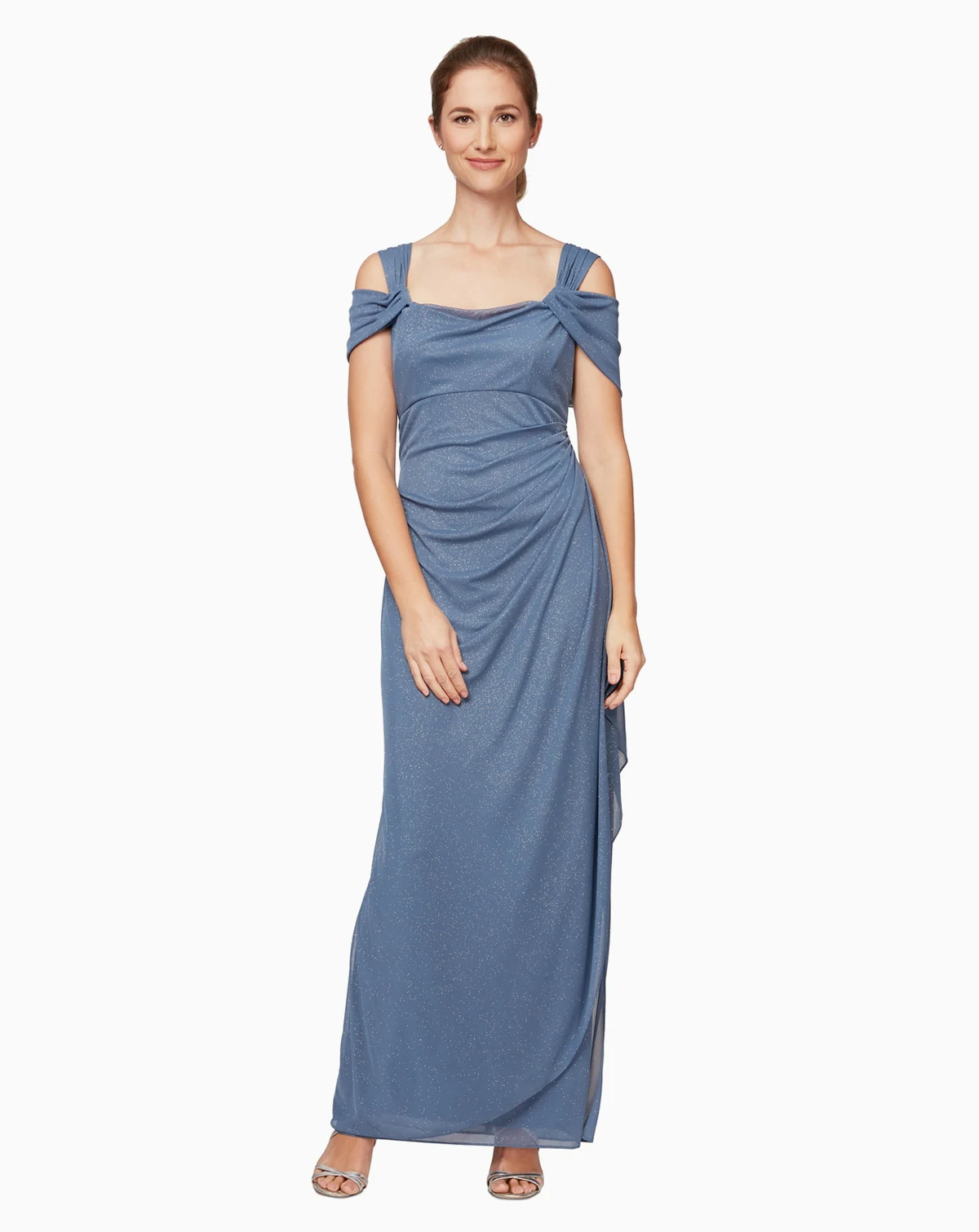 Cold-Shoulder Draped Metallic Gown