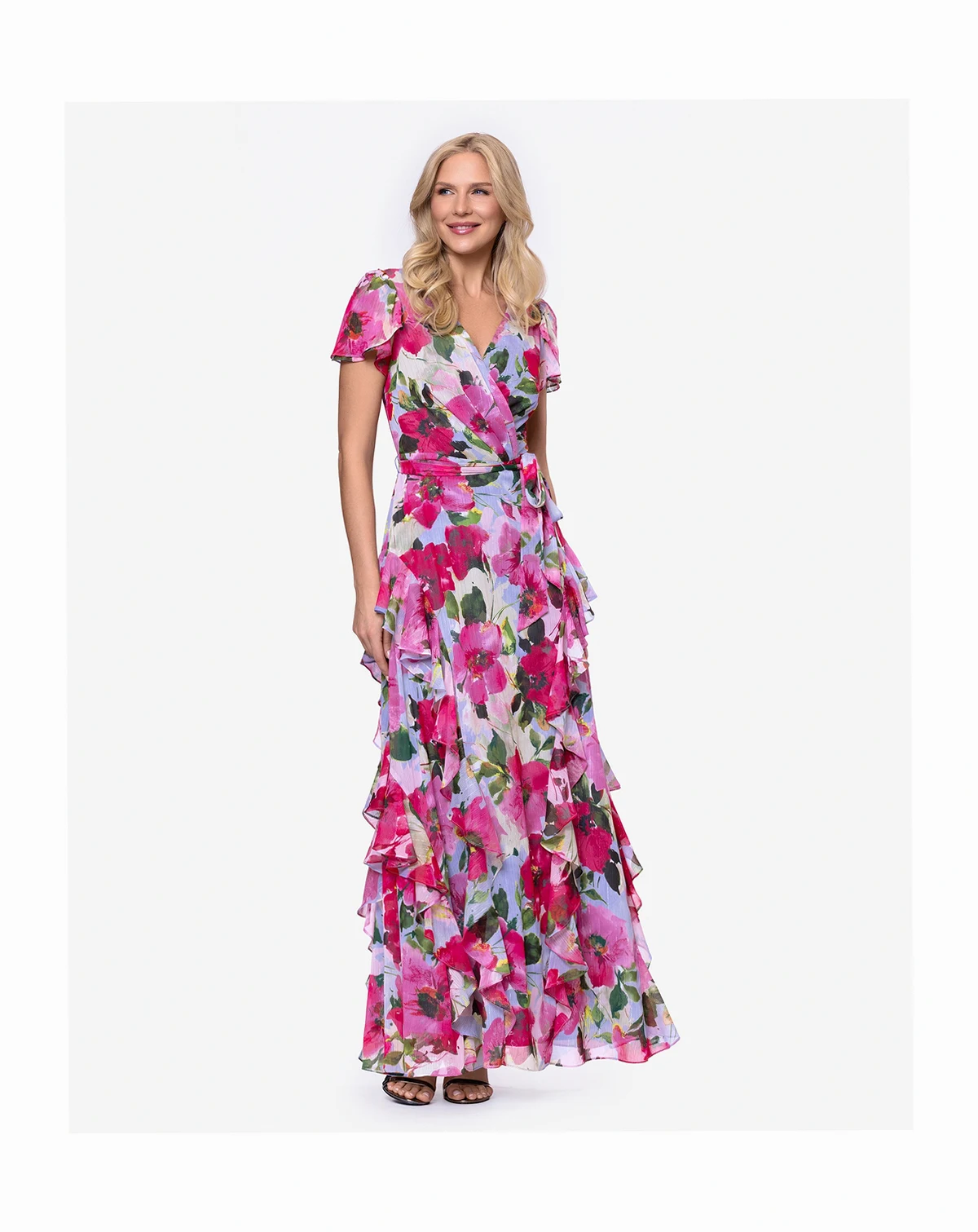 Petite V-Neck Floral Ball Gown Dress