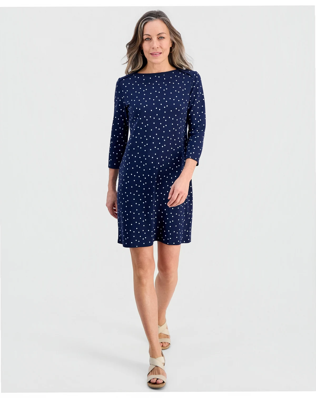 Petite Polka Dot Knit Envelope-Neck 3/4-Sleeve Dress, Macy's Exclusive