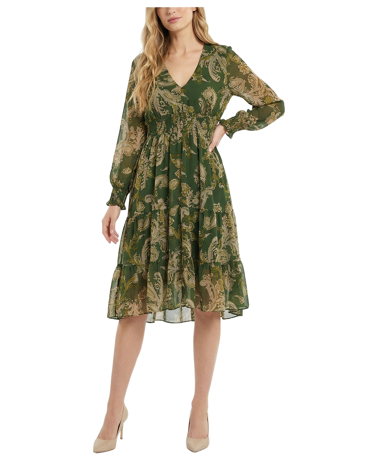 Petite Long-Sleeve Clip Dot Chiffon Dress With Smocked Waist and Cuffs