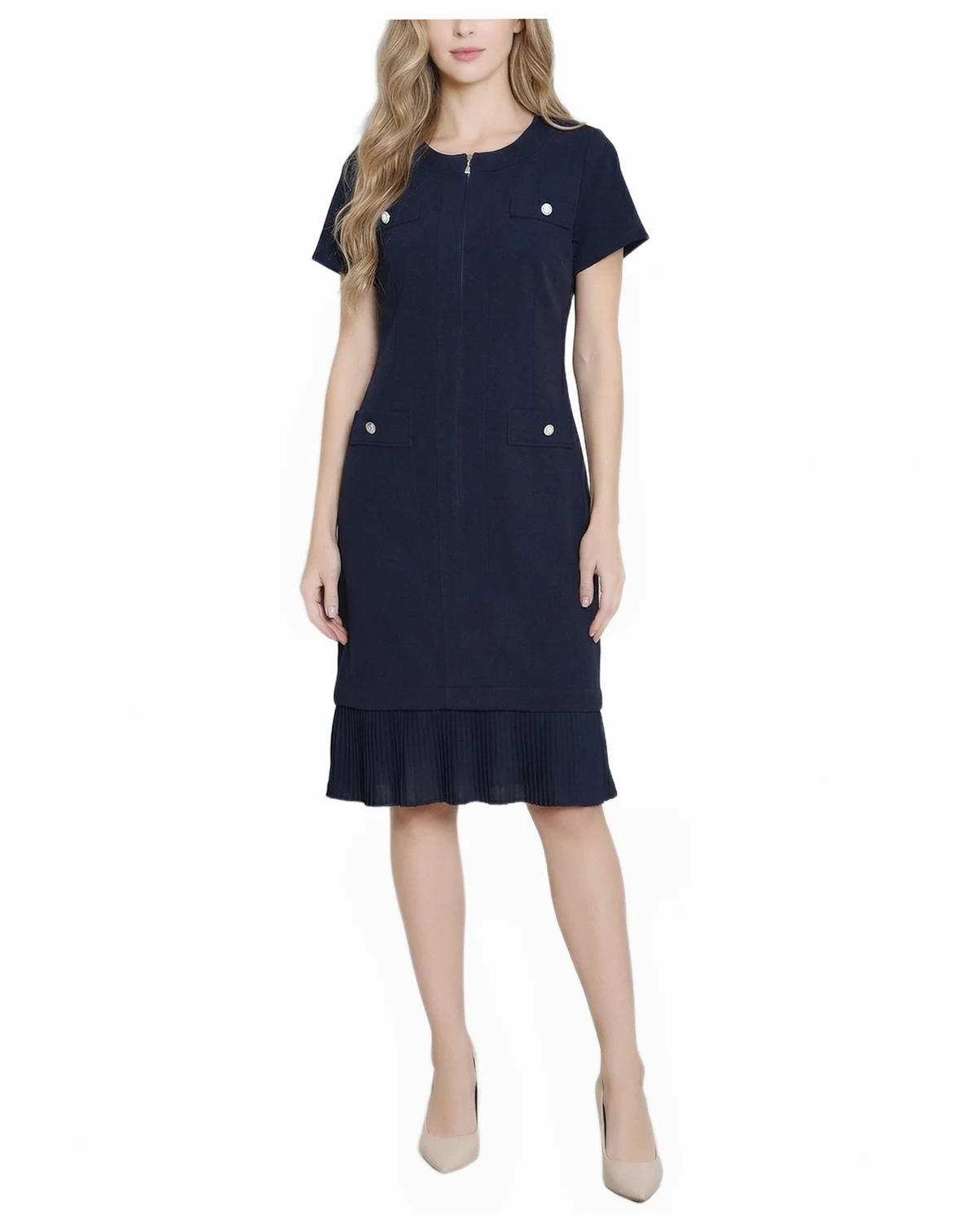Petite Short-Sleeve Pleat Hem Dress