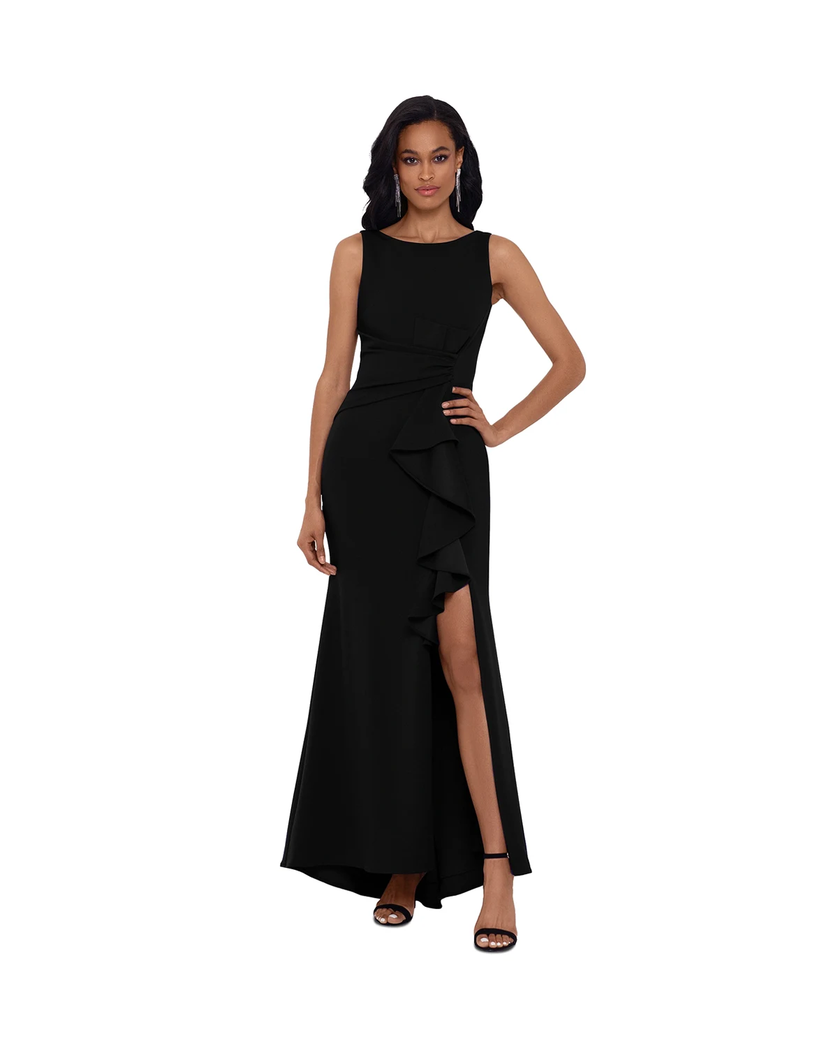 Betsy & Adam Petite Ruffled Boat-Neck Gown