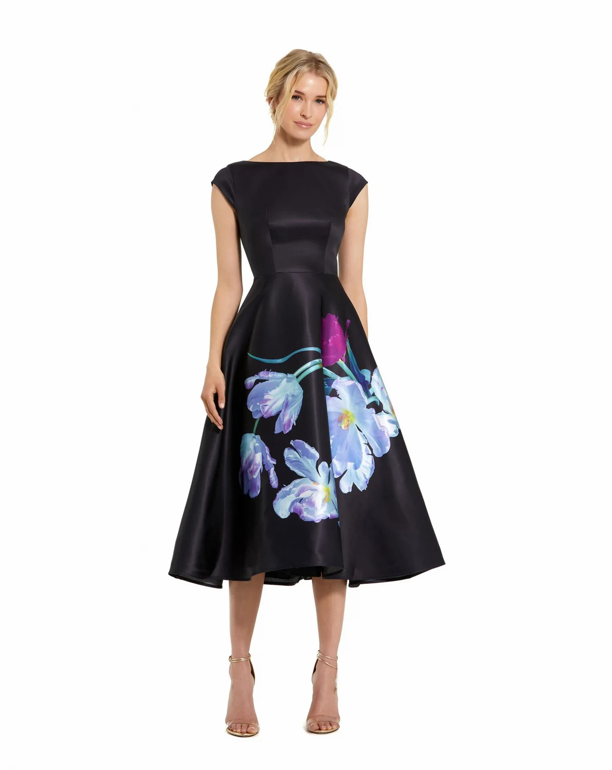 Women's Petite Satin Cap Sleeve Midi Dress With Floral Print