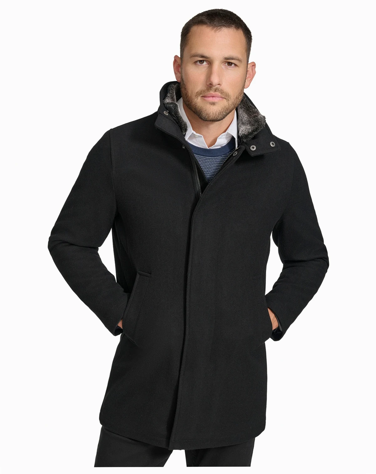 Men's Urban Walker Coat with Detachable Faux Rabbit Fur at Interior Collar