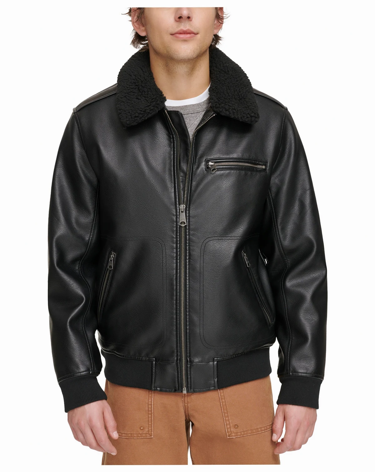 Men's Sherpa Collar Faux Leather Bomber Jacket