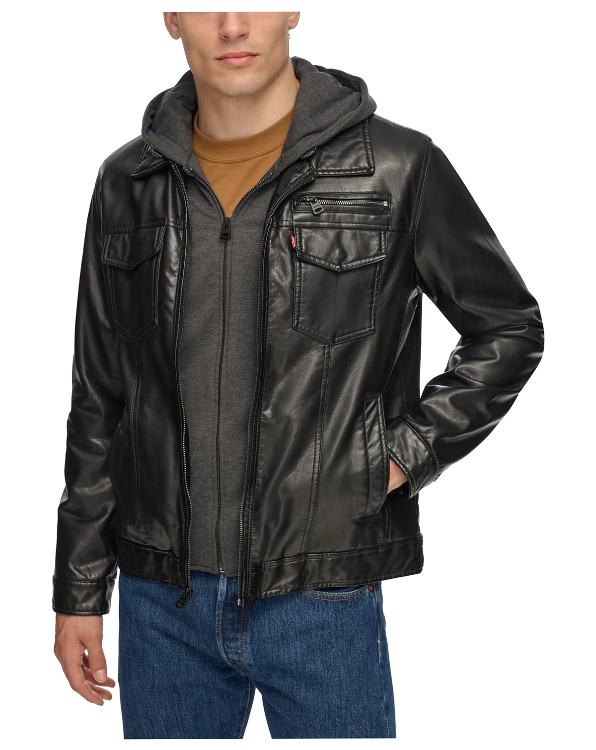 Men's Fleece Hood Faux Leather Jacket