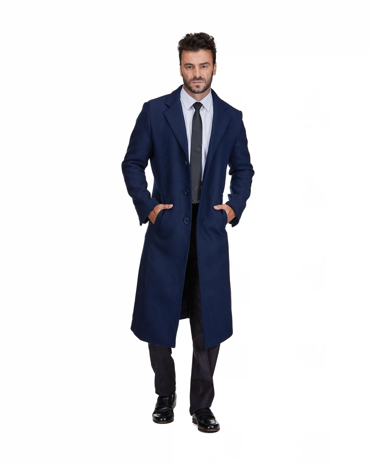 Men's Knee Length Wool Blend Three Button Long Jacket Overcoat Top Coat