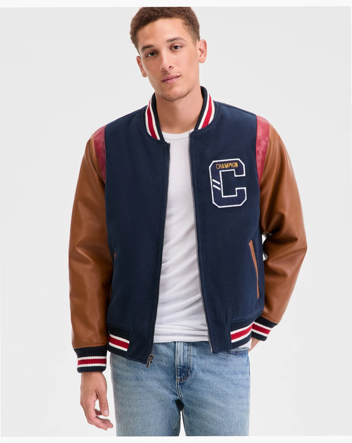 Men's Mixed-Media Varsity Bomber Jacket