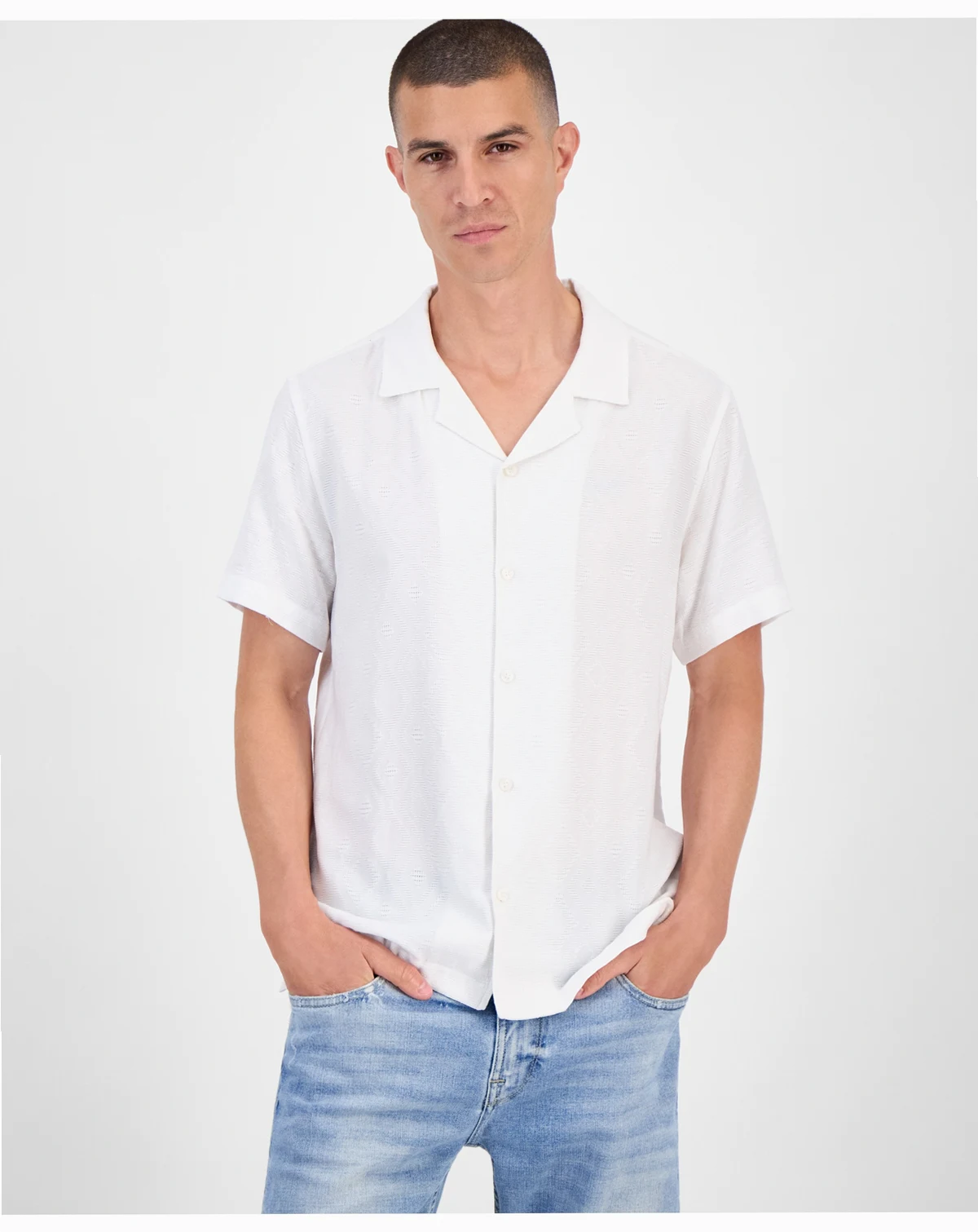 Short Sleeve Diamond Jacquard Button-Front Camp Shirt