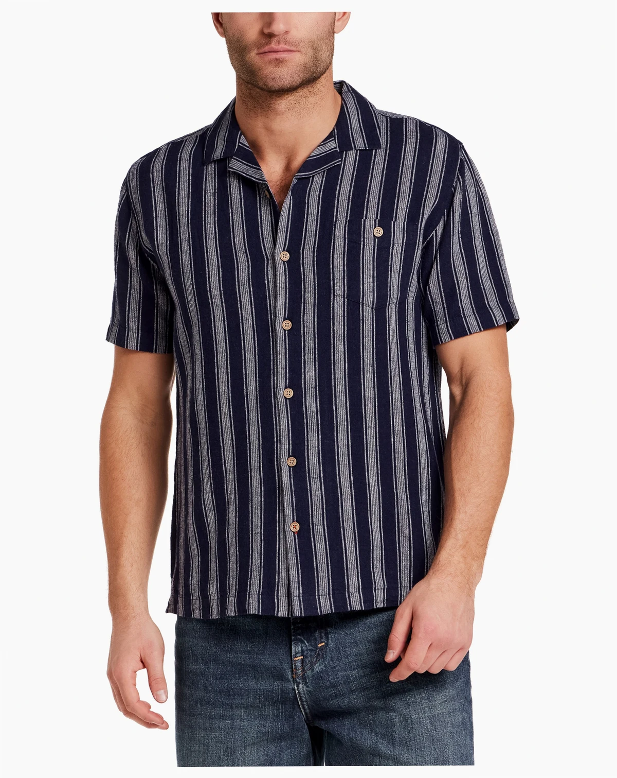Men's Short-Sleeve Button Down Vertical Stripe Camp Collar Shirt