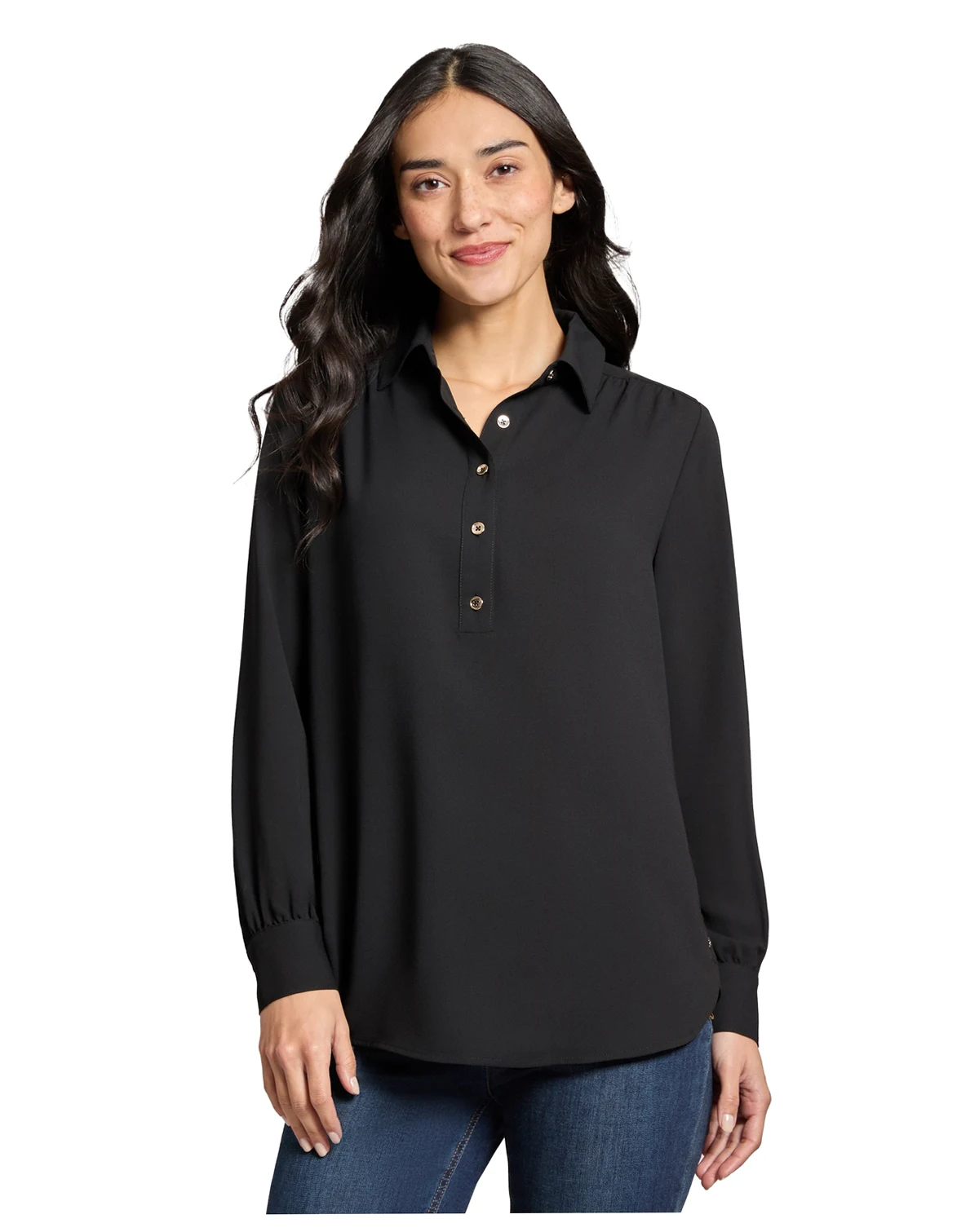 Long Sleeve Shirttail Side Button Popover Tunic