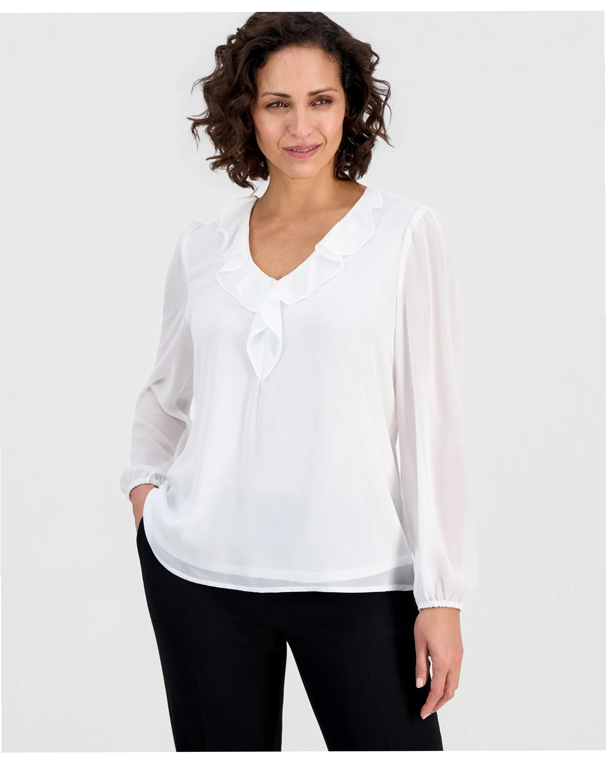 Women's Ruffled Blouson-Sleeve Blouse