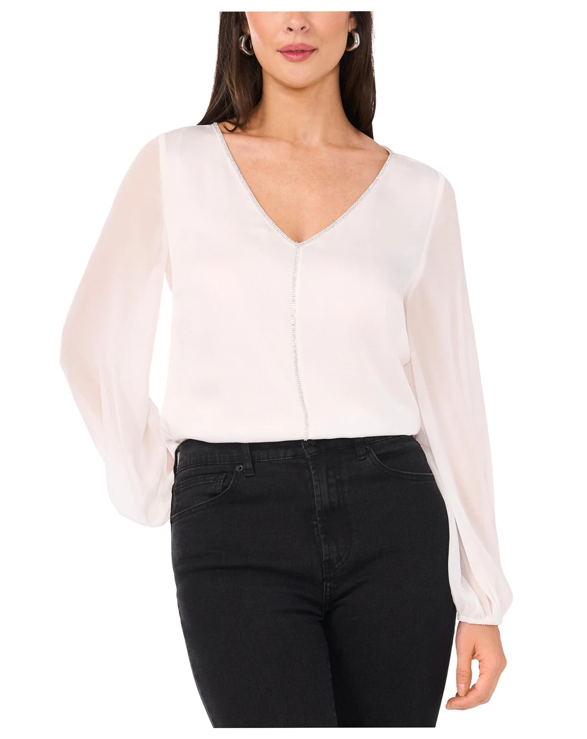Women's Rhinestone-Trim Sheer-Sleeve Top