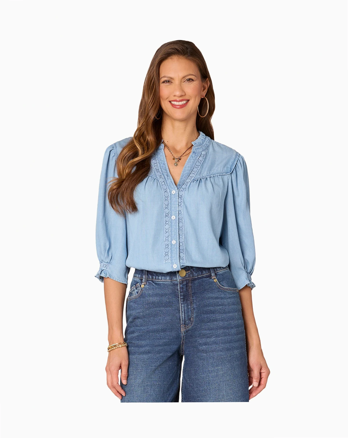 Petite Crochet-Trim Chambray Button-Front Shirt