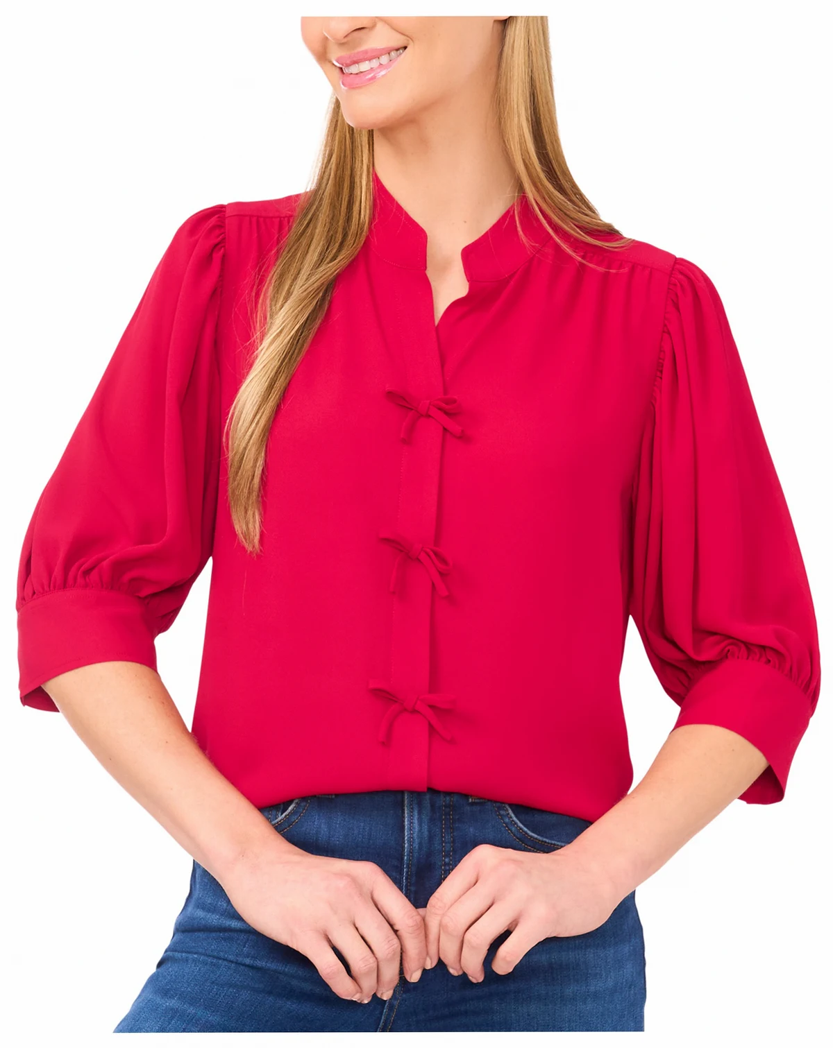 Women's Mutton Sleeve Bow Placket Top