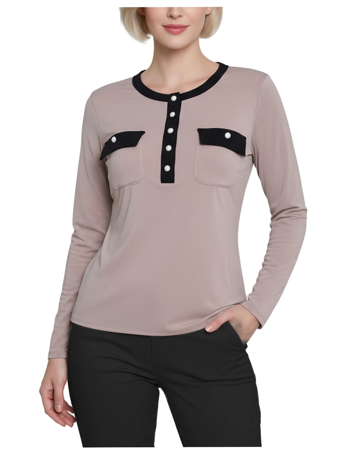 Petite Long Sleeve Contrast Detail Top