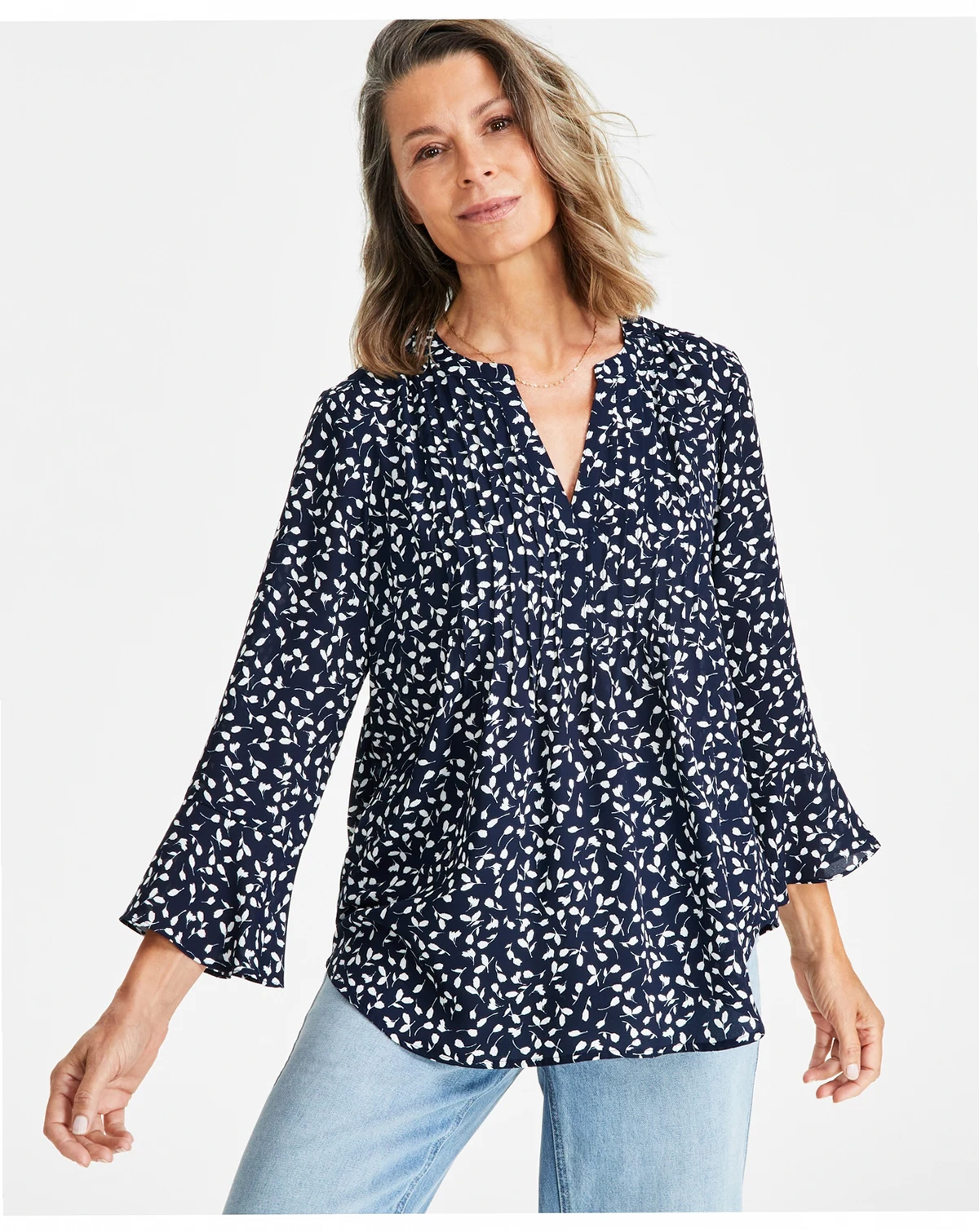 Women's Printed Pintuck Ruffle Sleeve Top, Created for Macy's